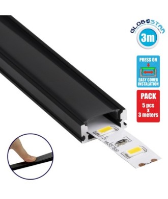 GLOBOSTAR® ALP-LINEAR SURFABO 70806-3M Επιφανειακό Προφίλ Αλουμινίου με Μαύρο Φιμέ Πατητό Κάλυμμα για Ταινίες LED IP20 - Μαύρο & Λευκό - Μ300 x Π1.6 x Υ0.7cm - Πακέτο 5 Τεμαχίων